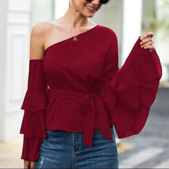 Burgundy One Shoulder Ruffle Sleeve Top Size XL NWT - Picture 5 of 7